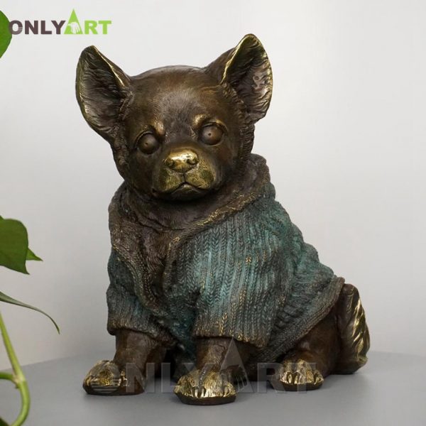 Bronze statue of cute chihuahua dog wearing sweater with cap OAST-2